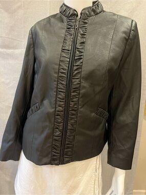 Vegan Leather Ruffle-Trim Zip Blazer/Jacket 10P